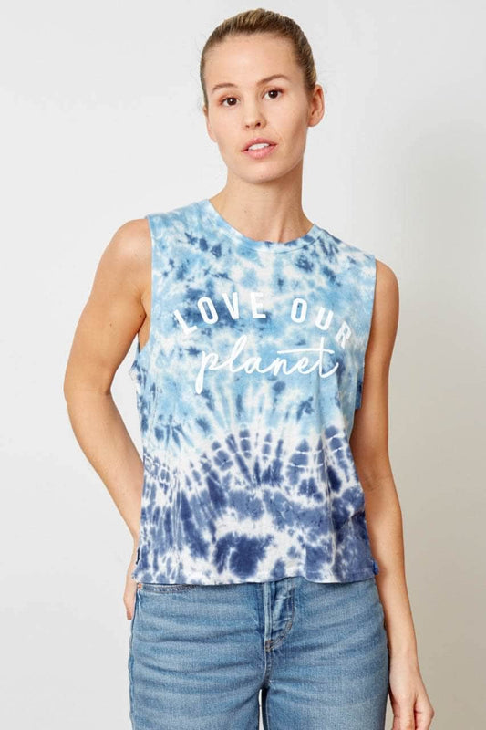 light and dark blue tie dye cropped, crew neck tank top with raw edge sleeves