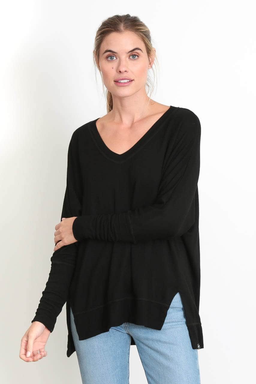 The Carrie - Relaxed V-Neck Sweater - Black Sand