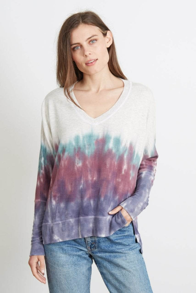 The Carrie - Relaxed V-Neck Sweater - Plum Bamboo Tie Dye