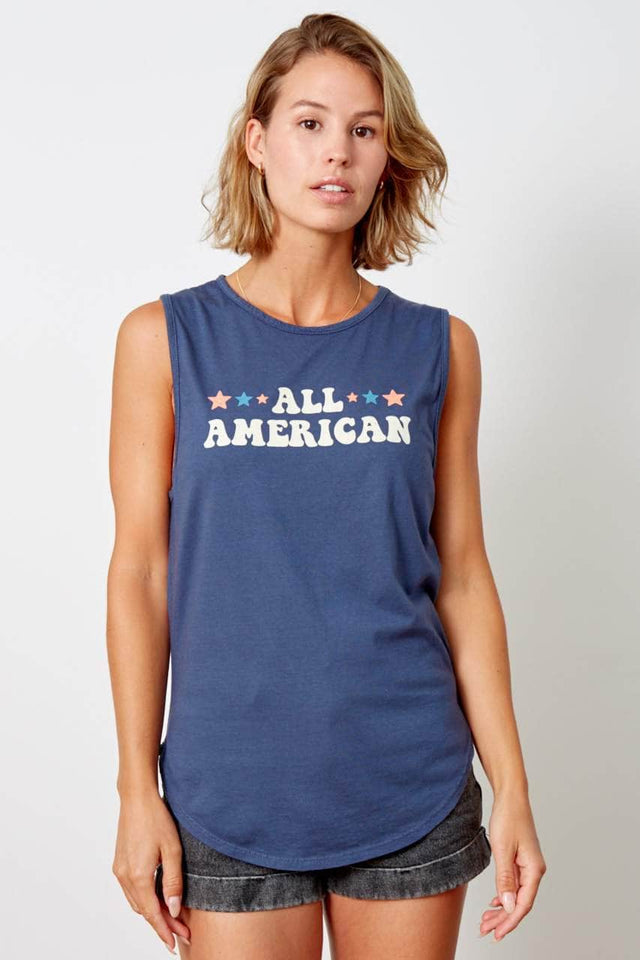 Navy blue tank top with All American graphic