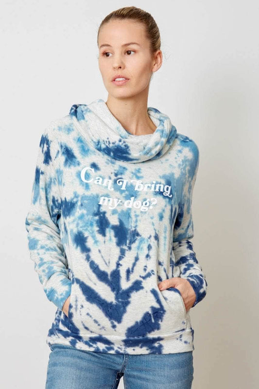 light and dark blue tie dye cowl neck sweatshirt with pockets and Can I bring my dog? graphic printed in white ink across the chest